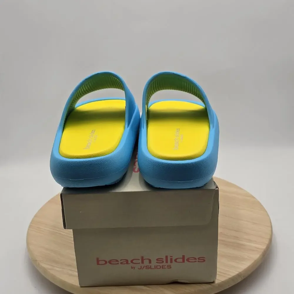 J/Slides Squish Beach Slide Sandals Mens Size 10 Blue Yellow Slip On Shoes New